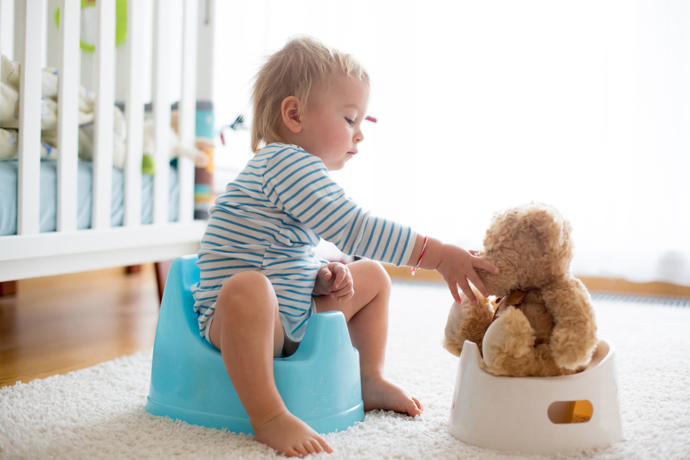 Cute toddler boy, potty training, playing with his teddy bear on potty